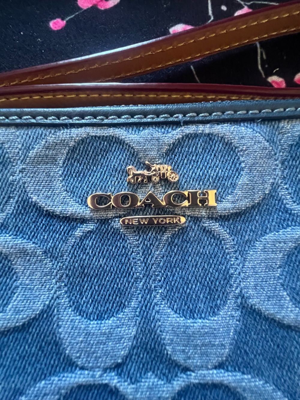 Coach Blue Signature Denim Wristlet with Brown Strap - Picture 3 of 6